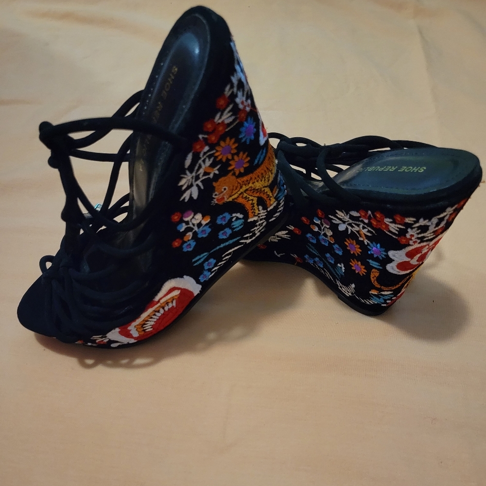 Black Suede & Embroidery Strappy Wedge